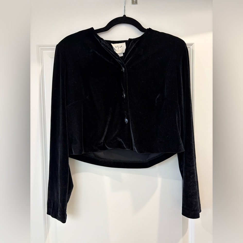 90s Vintage Vision Apparel Cropped Velour Cardigan, 100% Made in USA (Size M)